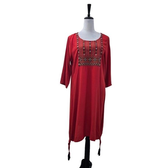 Melange Orange Midi Dress Embroider Summer Lagenlook Comfort Size L - Picture 1 of 8